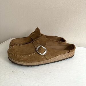 Birkenstock Tan Suede Clogs with Buckle